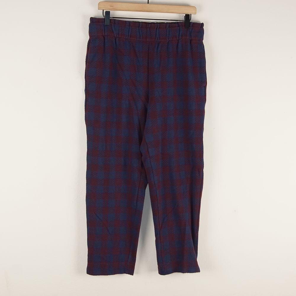 Ann Taylor Plaid Maroon Red Blue Stretch Cropped Pull On Split Ankle Pants Sz L